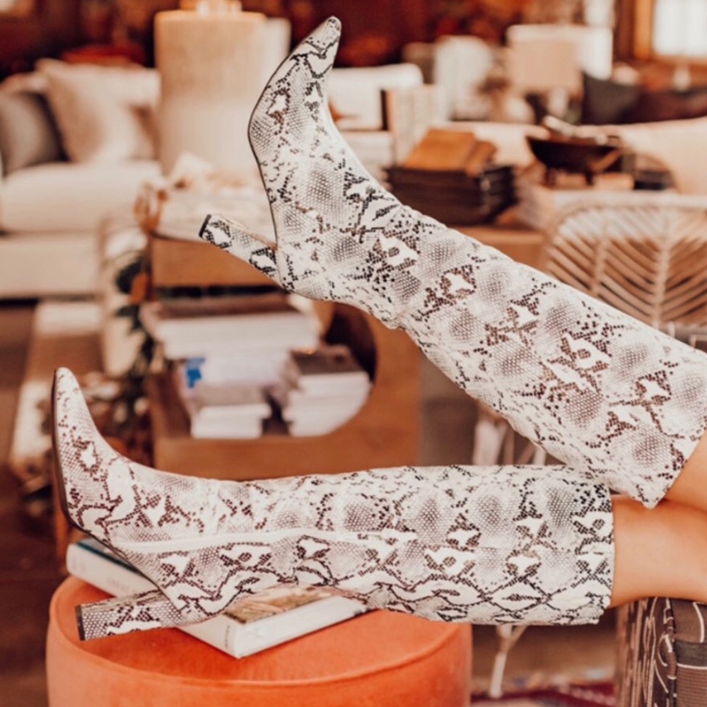 Size 10 knee high snake print heeled boots